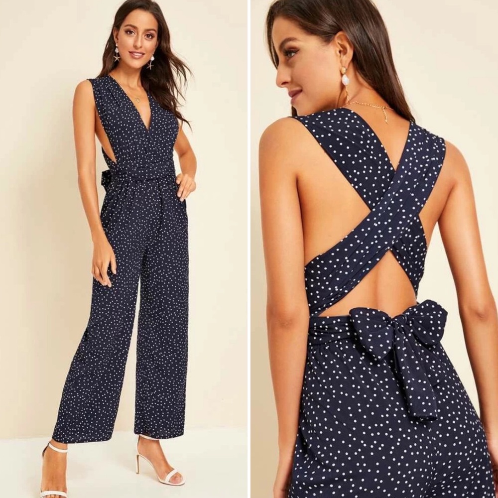 Tie Back Polka-Dot Jumpsuit - Picture 1 of 6